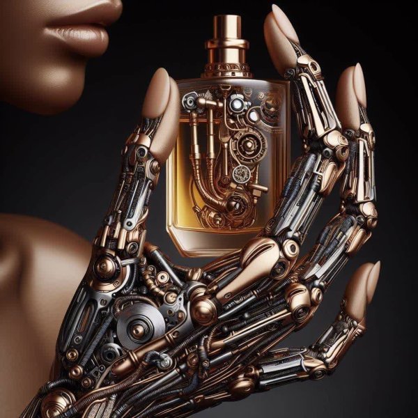 Биомеханическая женская рука с парфюмом