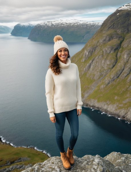 Женщина стоит на краю норвежского фьорда