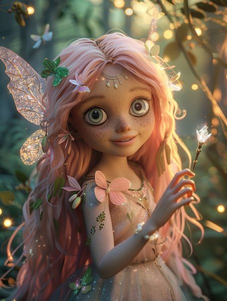 Молодая фея с длинными светло-розовыми волосами