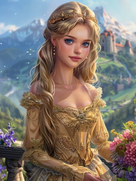 Юная сказочная принцесса с длинными золотистыми волосами