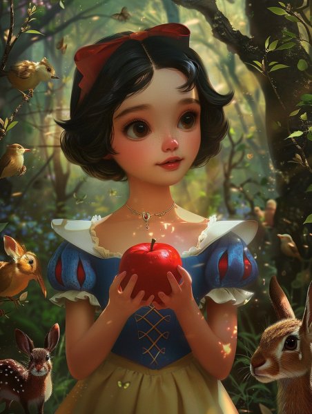 Белоснежка, пышное платье, держит в руках яблоко