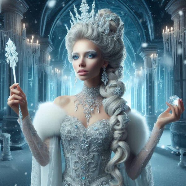 Женщина в образе Снежной королевы, высокая и сройная