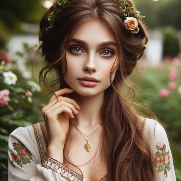 Молодая женщина с длинными каштановыми волосами, волосы уложены в сложную прическу с вплетенными лентами и цветами