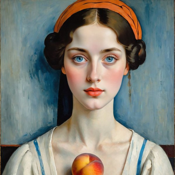 Дама с синими глазами и персиками в стиле Модильяни. stable diffusion