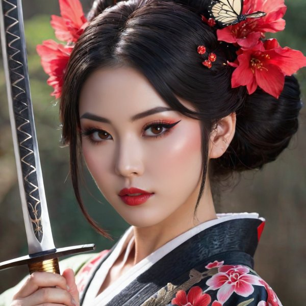 Беспоречная красота японки с кимоно и катаной. stable diffusion