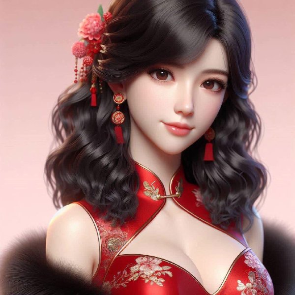 Красавица из Китая в черном платье с меховой отделкой. dalle