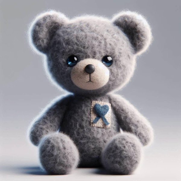 Современный медвежонок из серого шерсти с голубыми глазами и чёрным носом. dalle