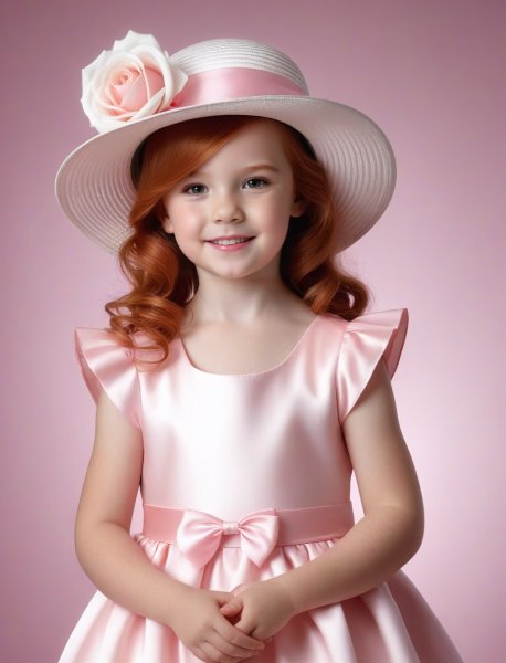 Прелестная девочка в розовом платье и шляпе с белой розой на голове. stable diffusion
