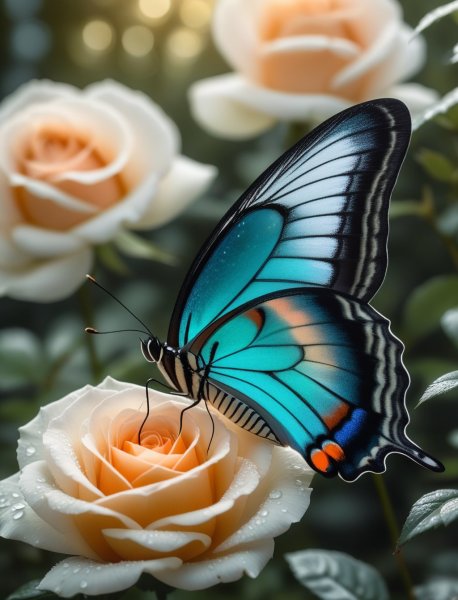 Магический момент на лоне природы: бабочка и роза в гармонии. stable diffusion