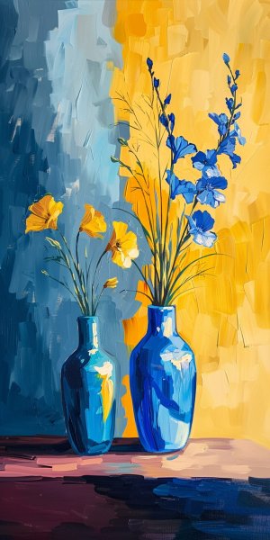 Стильные вазы на столе: синяя и жёлтая гармония. midjourney