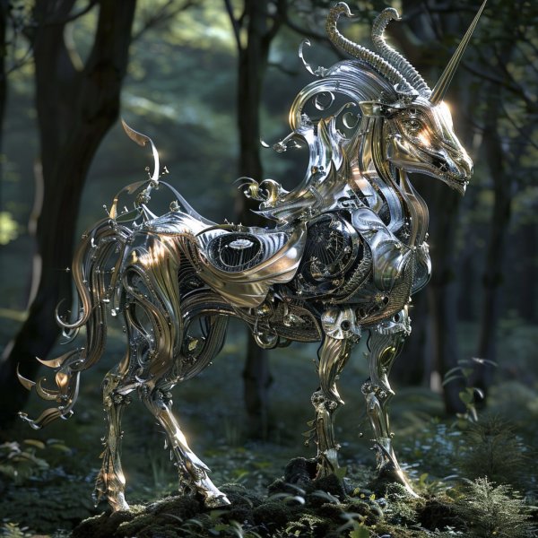 Металлический легенда леса: коронованный козёл из серебра и золота. midjourney