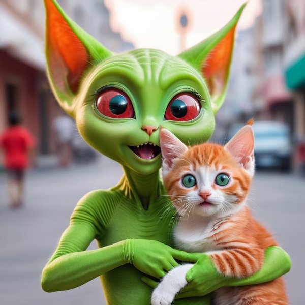 Невероятная встреча на планете Земля: Зеленый пришелец и маленькая кошка. stable diffusion