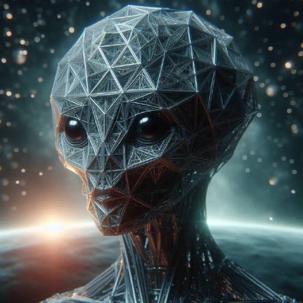 Инопланетянин с головой, напоминающей геометрическую фигуру. dalle