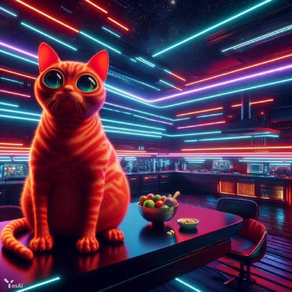 Инопланетный кот на инопланетной кухне. dalle