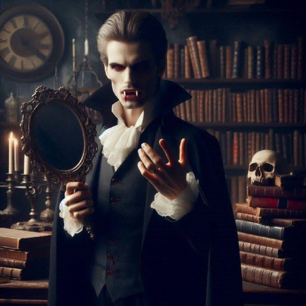 Вампир у старинного зеркала в библиотеке. dalle