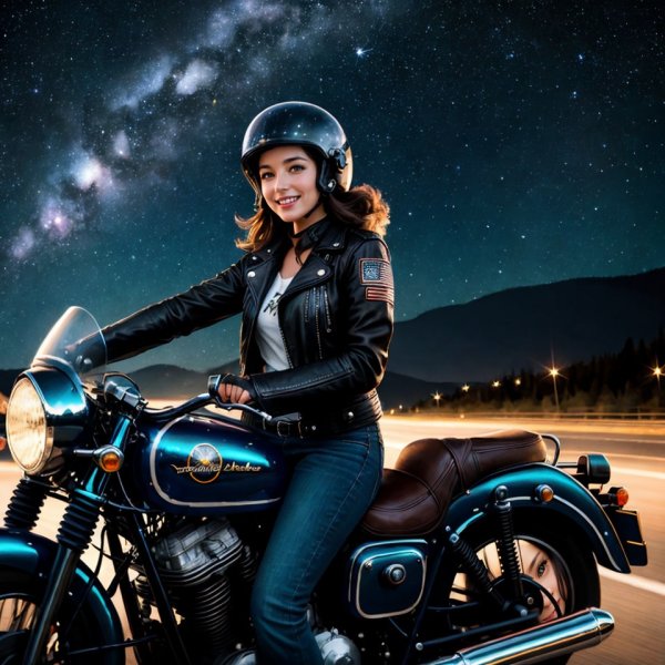 Женщина на винтажном мотоцикле под звездным небом. stable diffusion