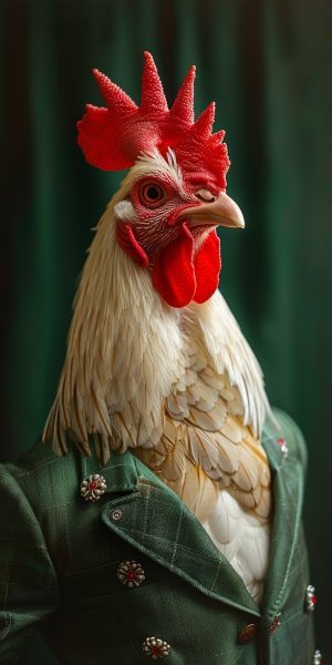 Стильная курица в зеленом пиджаке. midjourney