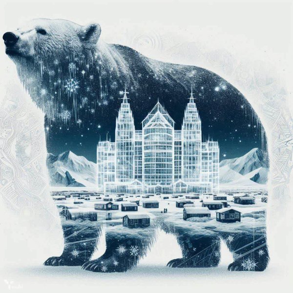 Белый медведь и город из льда. dalle