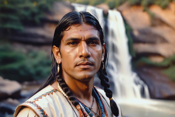 Индейский герой золотого часа на водопаде. stable diffusion