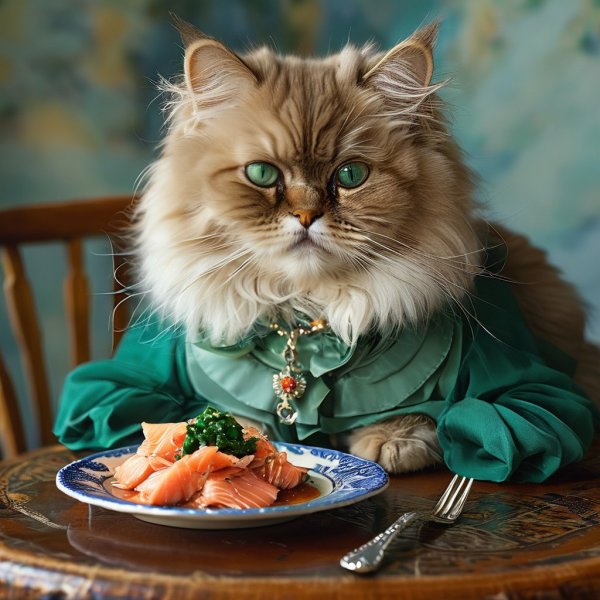 Персидский кот в мини-одежде ужинает. stable diffusion