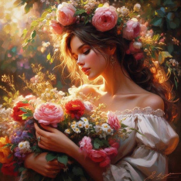 Женщина с цветами в стиле романтизма. dalle