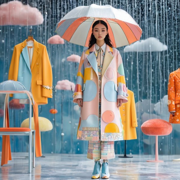 Девушка в пастельном костюме под дождем. stable diffusion