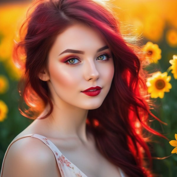 Холографическая мечта: Девушка с красными волосами в лучах солнца. stable diffusion