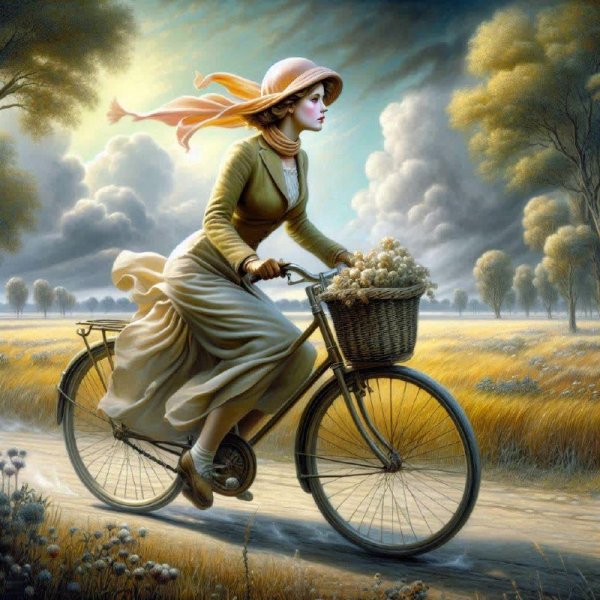 Женщина на велосипеде в стиле Esao Andrews. dalle