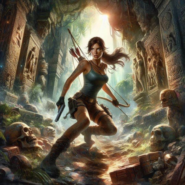 Lara Croft в древнем храме: цифровое произведение искусства. dalle