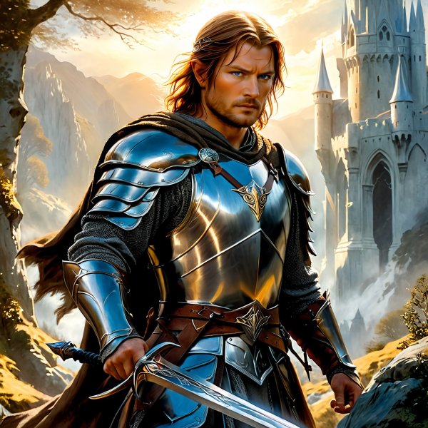 Boromir из Властелина Колец: героический портрет в лесу Minas Tirith. stable diffusion