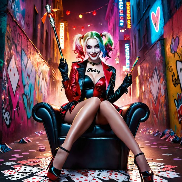 Harley Quinn: Королева Хаоса в Неонном Городе. stable diffusion