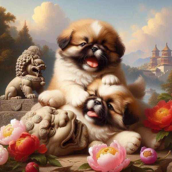 Дueling Pekingese Puppies in a Chinese Garde. dalle