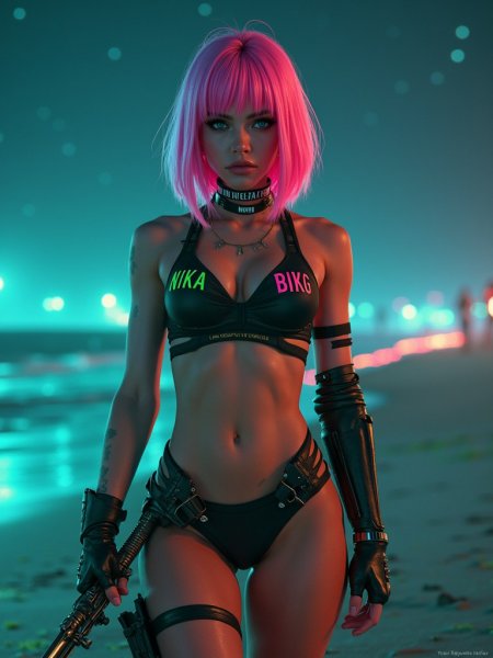 Кибервоин на Пляже в Стиле Cyberpunk. flux