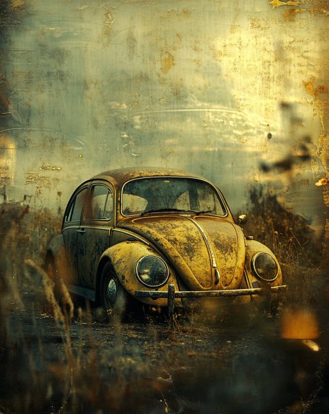 Ретро-Постер Volkswagen Beetle в Стиле Ржавого Репортажа. midjourney