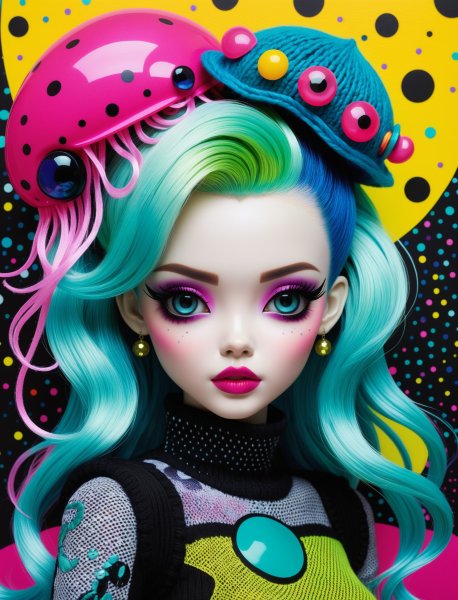 Гиперреалистичный рисунок куклы Monster High в стиле поп-арт. stable diffusion