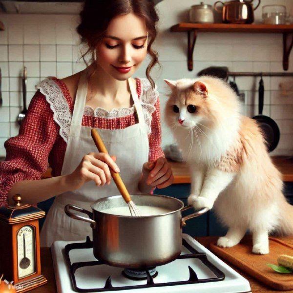 Кулинария с кошачьим любопытством. Изображение из нейросети Dalle