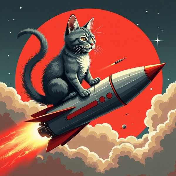 Кот на Ракете: Стильный Маскот. Нейронная сеть Flux.1