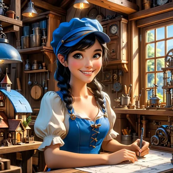 Улыбчивая Изобретательница в Синем Кепике. Картинка из нейросети Stable Diffusion