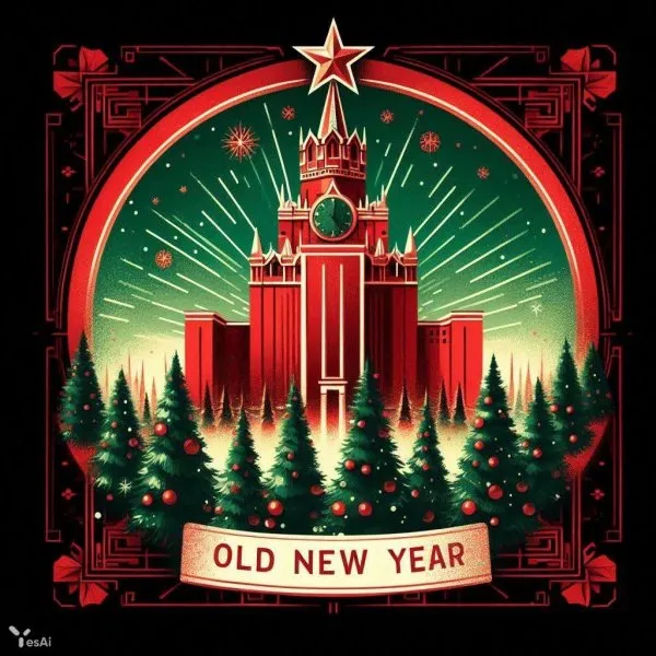 Ретро-открытка: OLD NEW YEAR в стиле СССР. Генерация из нейронной сети Dalle