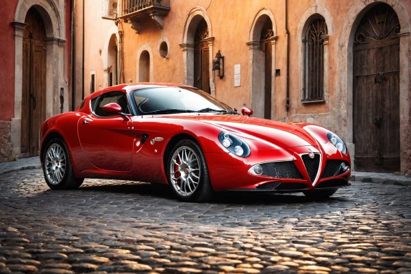 Игрища света на классике: Alfa Romeo 8C Competizione в золотой час. Генерация из нейронной сети Stable Diffusion