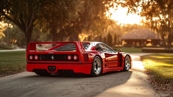 Агрессивный Дизайн Ferrari F40 в Сумерках Города. Генерация из нейронной сети Midjourney