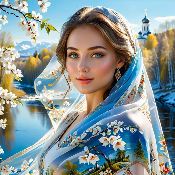 Русская красавица в шали с весенним пейзажем. Нейросеть Stable Diffusion