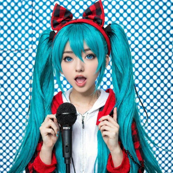 Портрет Hatsune Miku с микрофоном в полоску и горох на фоне забора-решетки. Нейронная сеть Stable Diffusion