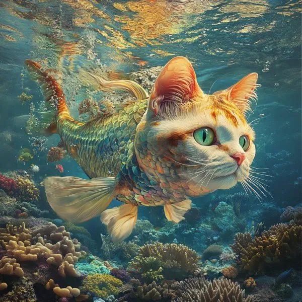 Кошачья рыба: Сюрреалистический гибрид в коралловом царстве. Изображение из нейронной сети Миджорни