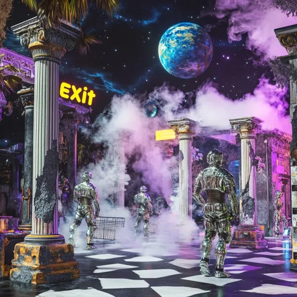 Неоновый портал: руины древней Греции в стиле vaporwave и 80-х годов. Нейросеть Миджорни