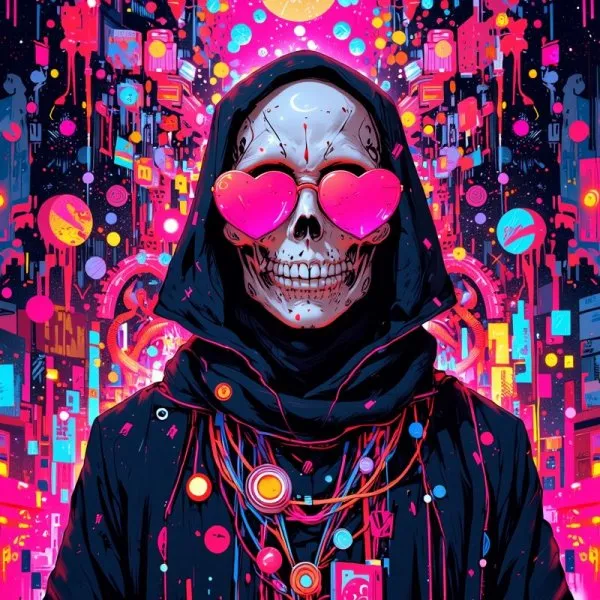 Мистический Гхостфейс: Неоновое Искусство в Космическом Стиле. Изображение из нейронной сети Flux.1