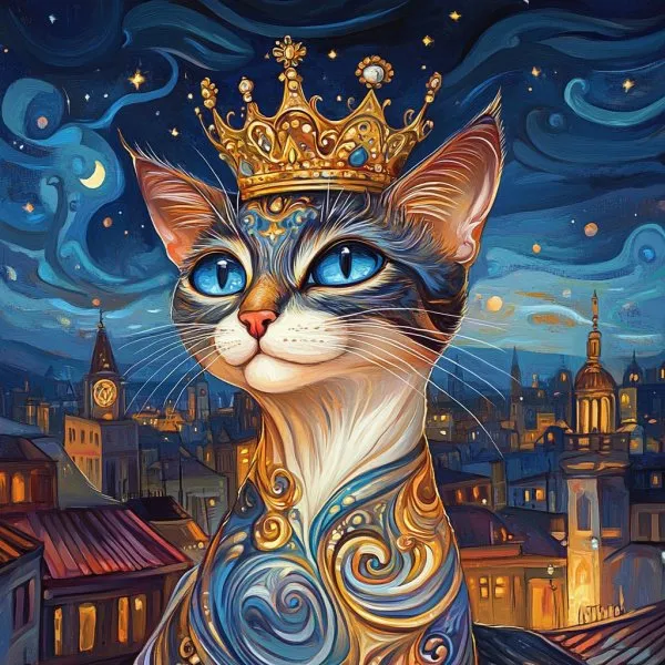 Кошачий портрет: Королевский взгляд на ночной город в золоте и сапфирах. Нейросеть Миджорни