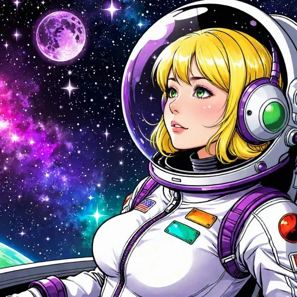 Космическая красотка в облегающем скафандре: флирт среди звездной пыли и ярких красок. Нейросеть Stable Diffusion
