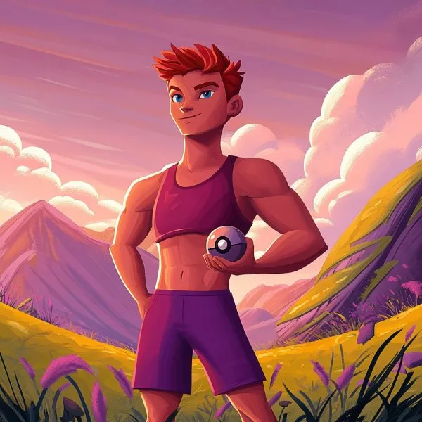 Одинокий герой с покеболом в поле боя Pokémo. Изображение из нейронной сети Midjourney