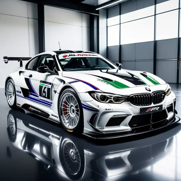 Безудержный Alpina B3 GTR: гиперспортсмен в снежно-белом обличье с гоночным ливреем. Картинка из нейросети Stable Diffusion